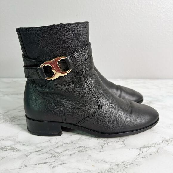 Tory Burch Gemini Goldtone Link Black Leather Flat Ankle Boots women’s size 8 - Picture 2 of 16